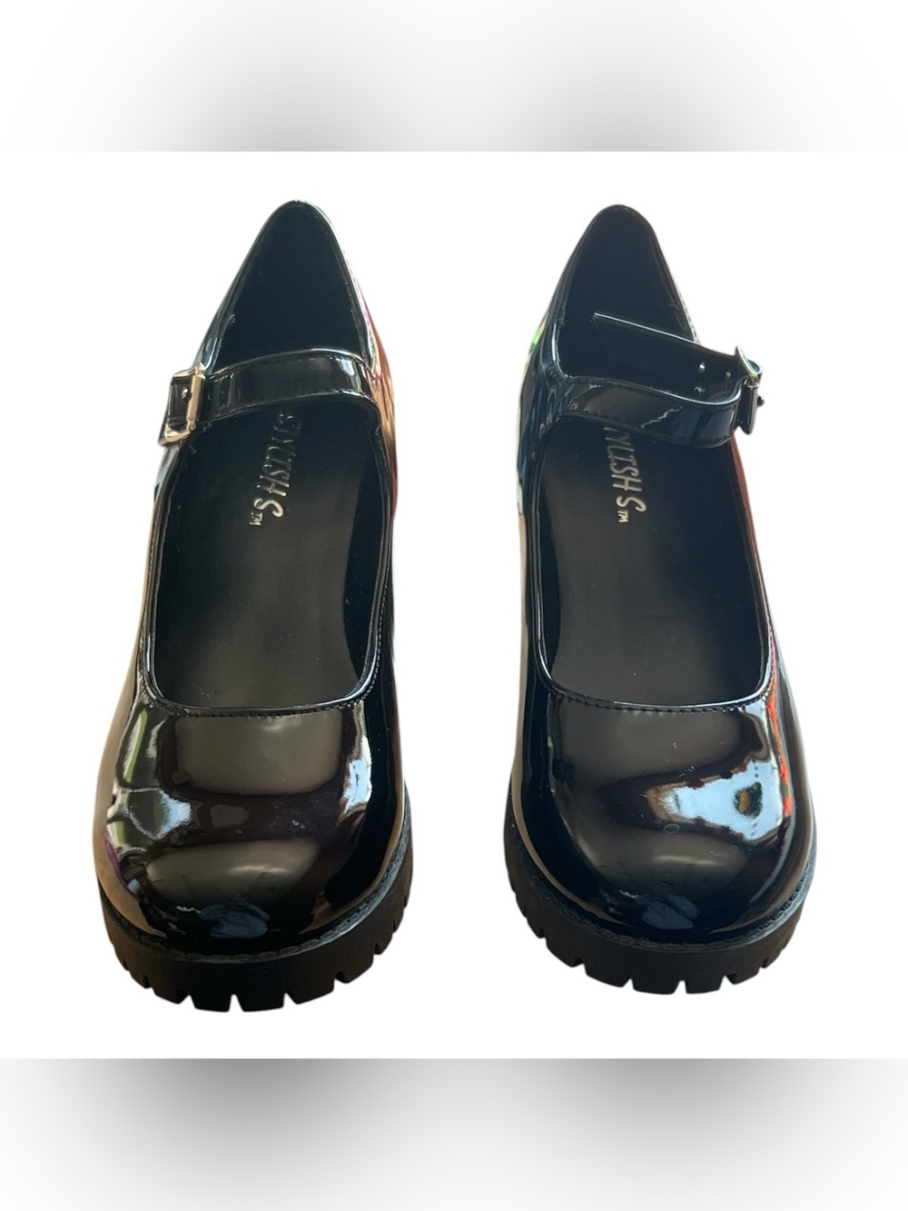STYLISH S SAMA Black Patent Mary Jane Chunky Heel Shoes Size 8.5